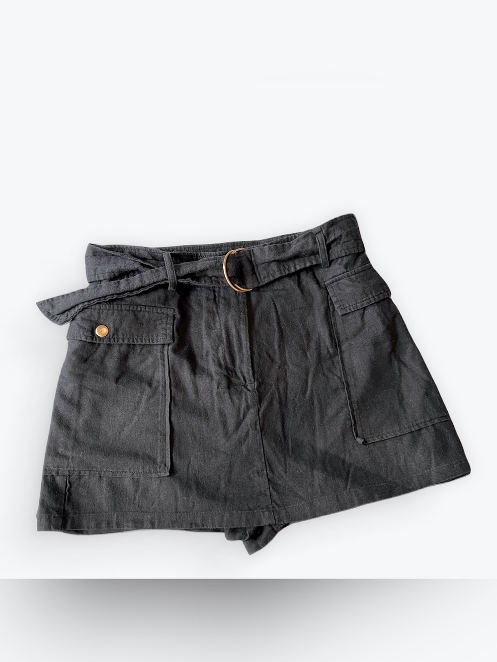 Zara Black Belted Linen Mini Skirt Skort Size Small